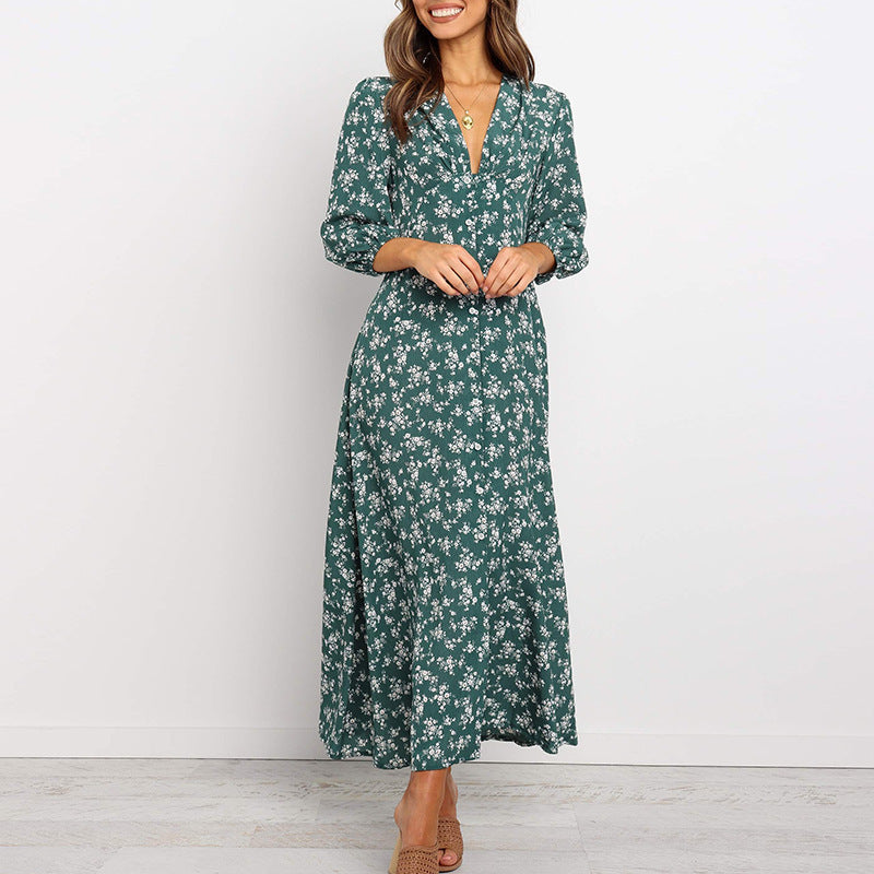 Printed V-neck long sleeve chiffon dress