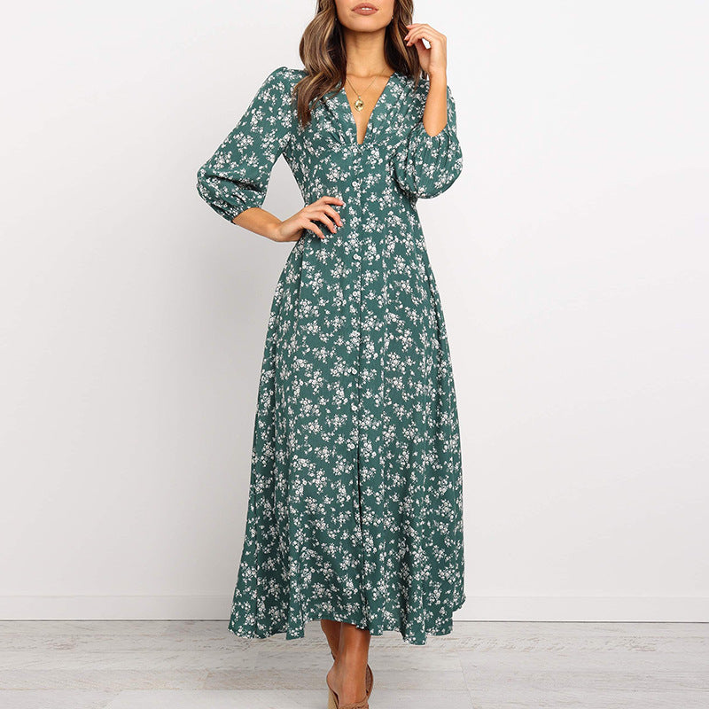 Printed V-neck long sleeve chiffon dress